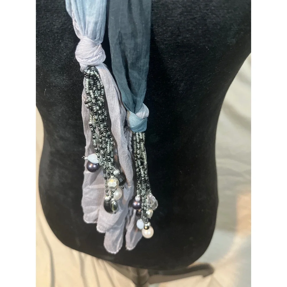Womens Black‎ Grey Ombre Beaded Lariat Scarf Necklace Boho Statement Accessory